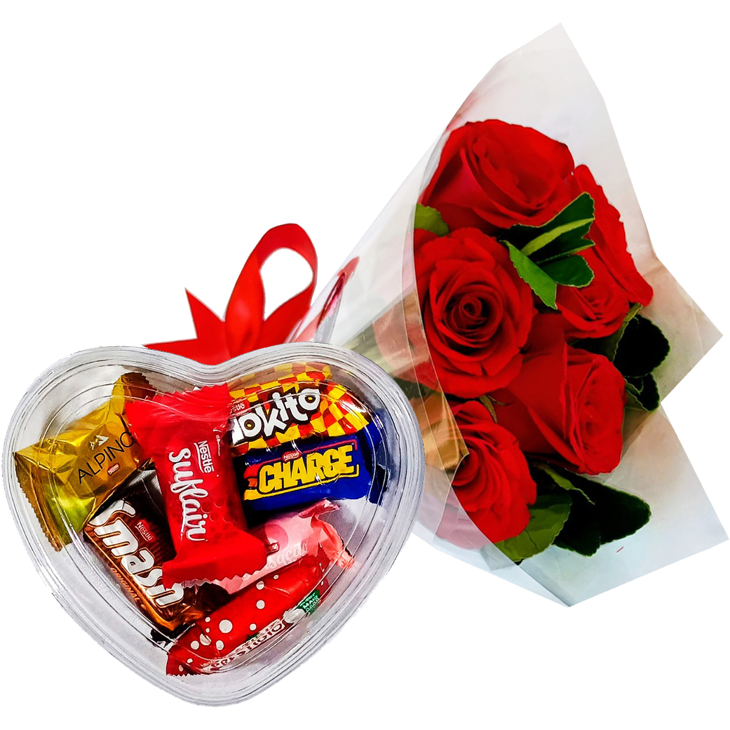 Buqu� de Rosas e Bombons Sortidos