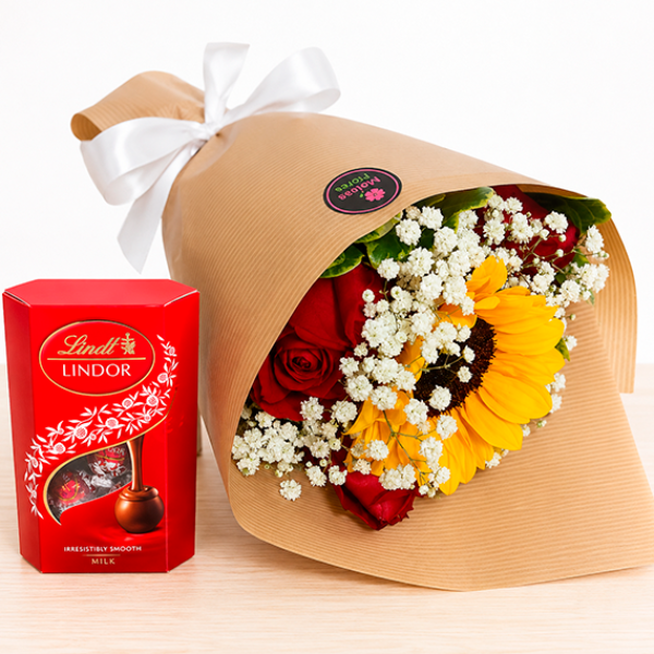 Buqu� de Rosas com Girassol e Lindt