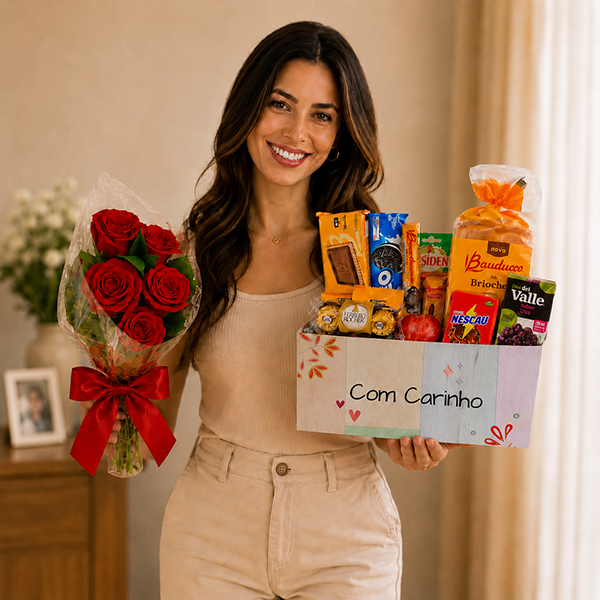 Cesta Cafe Flora Presente e Rosas Vermelhas
